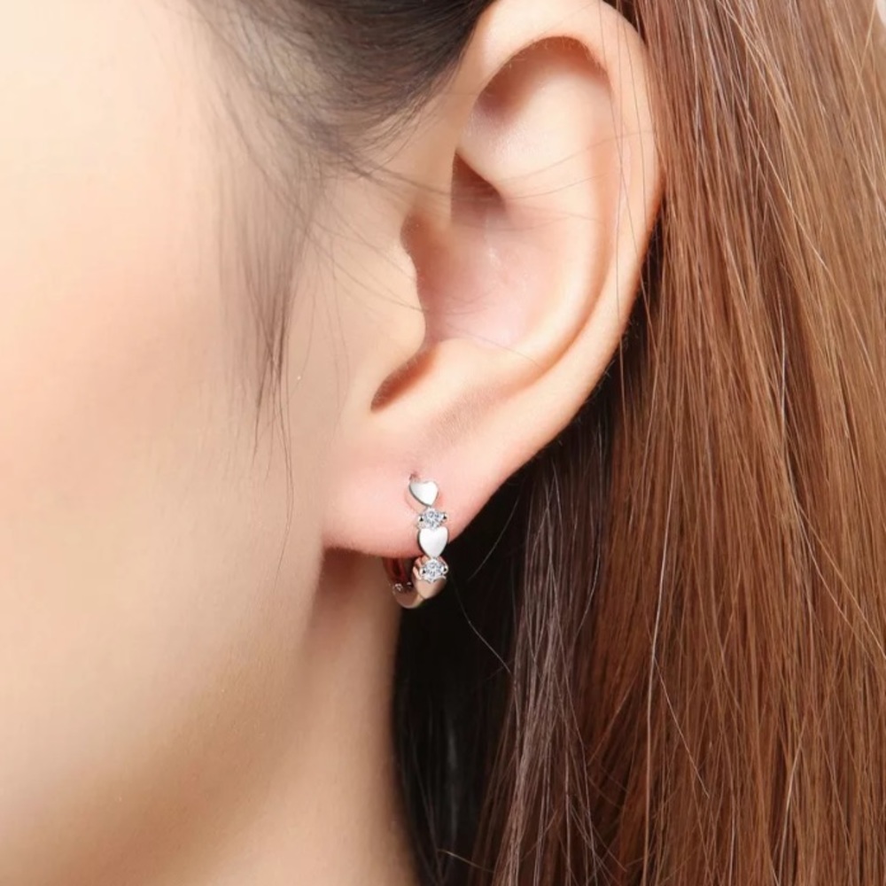 Sterling Silver Heart Huggie Hoop Earrings - Picture 3 of 4